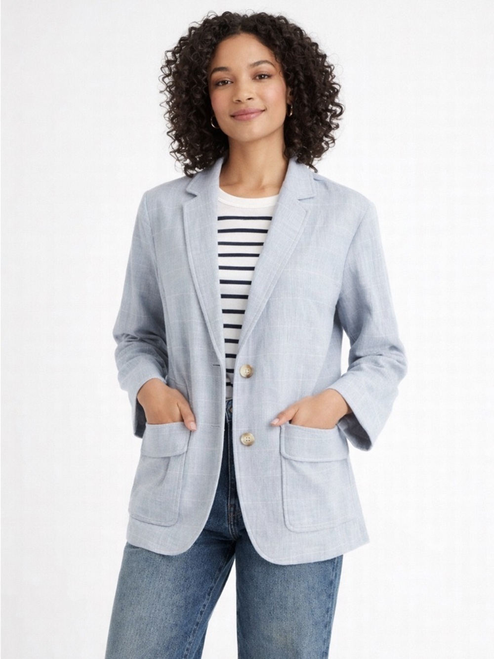 Madewell Larsen Cotton Linen Relaxed Oversized Windowpane Plaid Blazer Blue xs - Picture 1 of 8